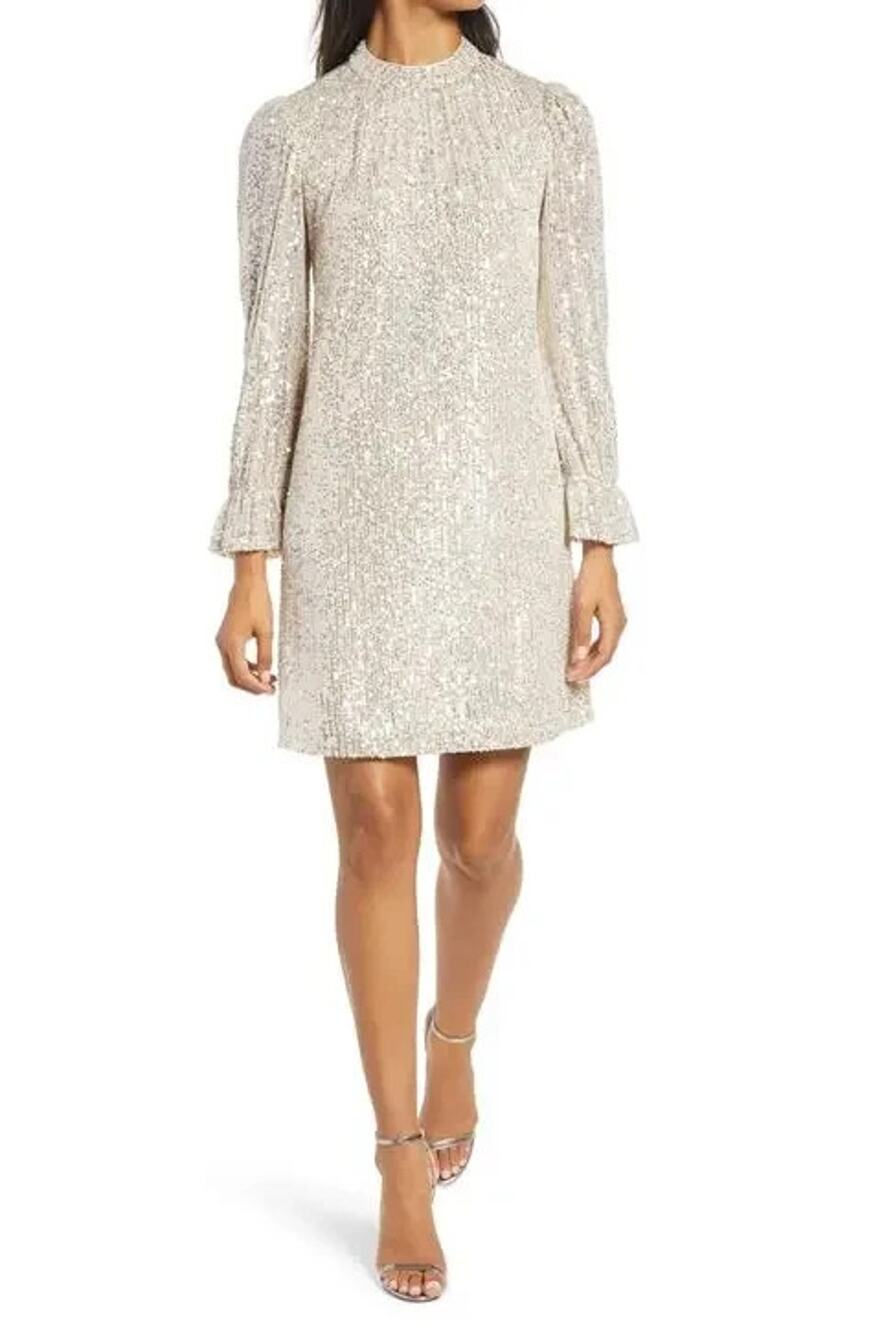 julia jordan Sequin Mock-Neck Sheath Dress Ivory/Silver Size 14 1323